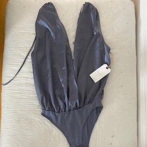 Gray Satin Deep V Body Suit (NWT)